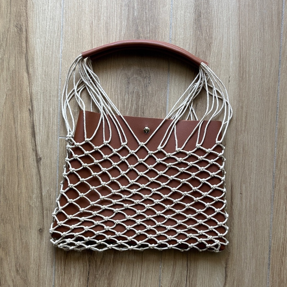 Korean Brand Faux Leather & Macrame Net Bag in Brown and Cream